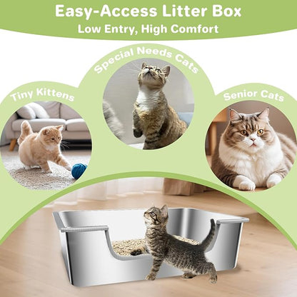 Low Entry Litter Box for Senior Kittens Disabled Cats - Stainless Steel High Sided Enclosed Easy Step in Entry - Large Metal Kitty Litter Box Easy to Clean(19.7”x13.8”x5.9”)