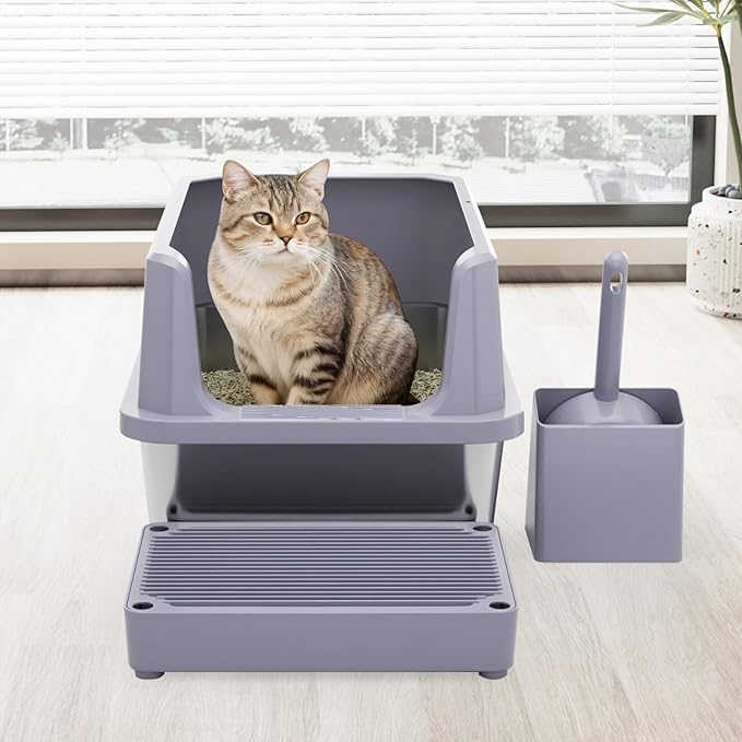RIZZARI Cat Litter Box: Pink Stainless Steel Won’t Trap Odors - Easy Rinse Clean Non-Porous - Open Top Design - 11.6" High Sides - 17.3"x13.5" - with Scoop - Studio Apartment/Bathroom