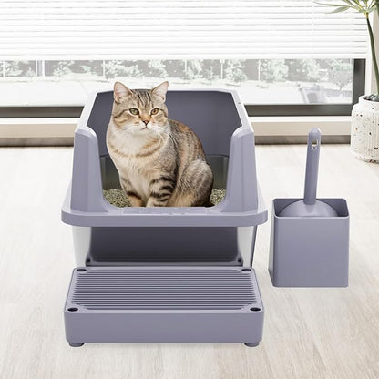 RIZZARI Cat Litter Box: Pink Stainless Steel Won’t Trap Odors - Easy Rinse Clean Non-Porous - Open Top Design - 11.6" High Sides - 17.3"x13.5" - with Scoop - Studio Apartment/Bathroom