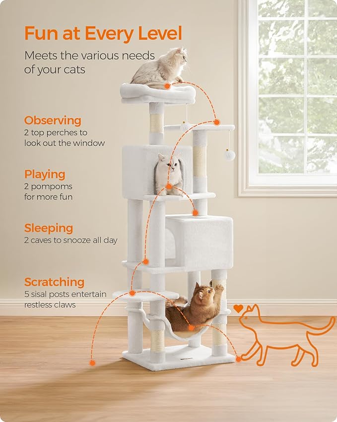 Feandrea Cat Tree, 59.5-Inch Tall Cat Tower, Plush Multi-Level Condo with 5 Scratching Posts, 2 Perches, 2 Caves, Hammock, 2 Pompoms, Cream White UPCT192T01