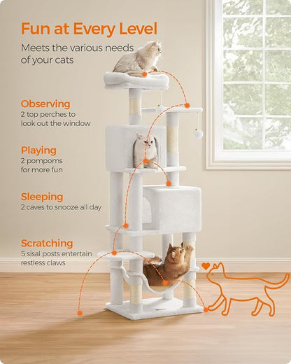 Feandrea Cat Tree, 59.5-Inch Tall Cat Tower, Plush Multi-Level Condo with 5 Scratching Posts, 2 Perches, 2 Caves, Hammock, 2 Pompoms, Cream White UPCT192T01