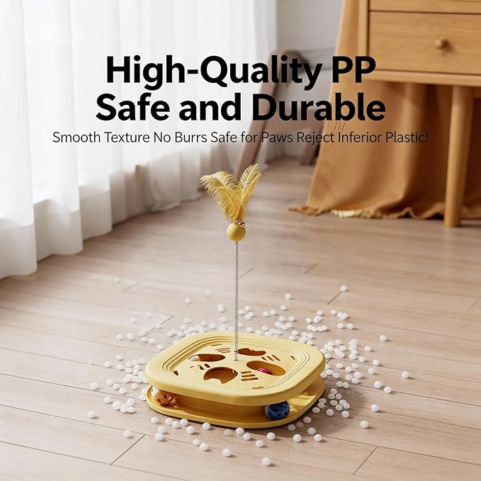 Interactive Cat Toys for Indoor Cats, 2-in-1 Kitten Toys with Balls & Feathers, BPA-Free Safe Material, Non-Slip Base, Sturdy and Durable (Yellow)
