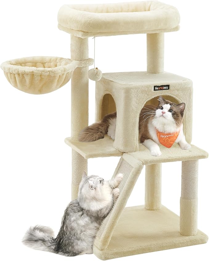 Feandrea Cat Tree, 37.8-Inch Cat Tower, Multi-Level Condo with Widened Perch, Scratching Posts and Ramp, 2-Door Cave, Hammock, Beige UPCT51M