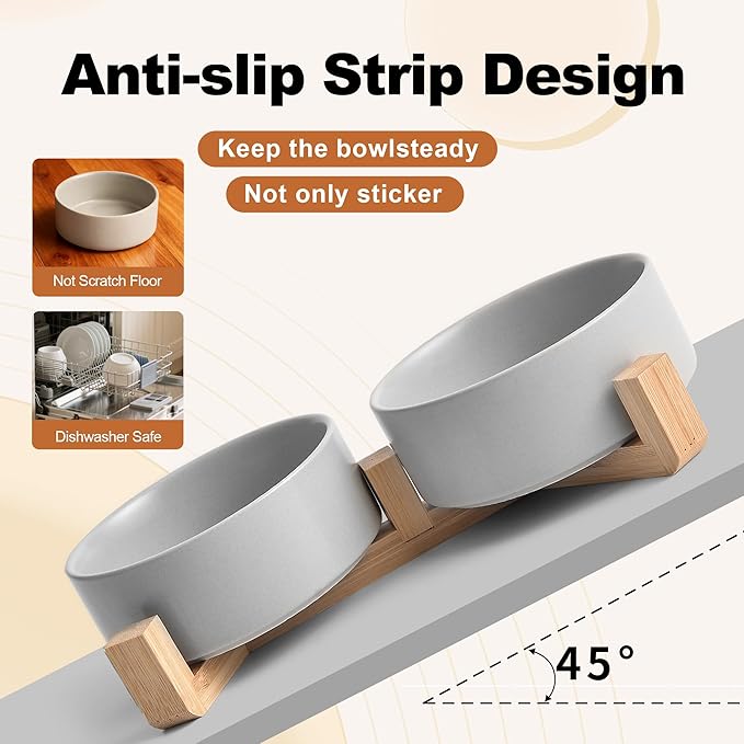 Kimdio Ceramic Dog Bowls with Wood Stand, 13.5OZ Pet Bowls Set of 2 for Medium Small Dogs and Cats - Non-Slip Base Cute Pet Food & Water Basic Bowls Glaze Matte-Grey