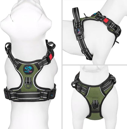 PHOEPET No Pull Dog Harness with Handle Front & Back Clip, Easy on Lockable Snap Buckle at Neck, Adjustable Reflective Vest with Handle for Small Medium Large Dogs (XL, Misty Green)