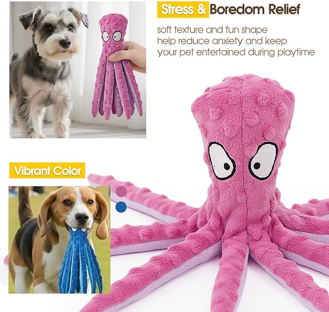 Squeaky Octopus Dog Toy – No Stuffing, Crinkle Sound Plush Chew Toy for Small and Medium Dogs – Durable and Machine Washable – 2 Pack (Blue & Pink)