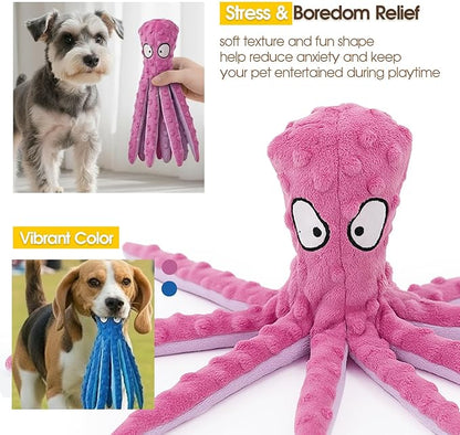 Squeaky Octopus Dog Toy – No Stuffing, Crinkle Sound Plush Chew Toy for Small and Medium Dogs – Durable and Machine Washable – 2 Pack (Blue & Pink)