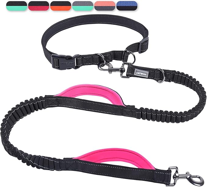 VIVAGLORY Hands Free Dog Leash Bungeetwin Running Dog Leash with Waist Belt for Running Walking & Jogging, Bungee & Around Waist for Pet, M, Black/Pink