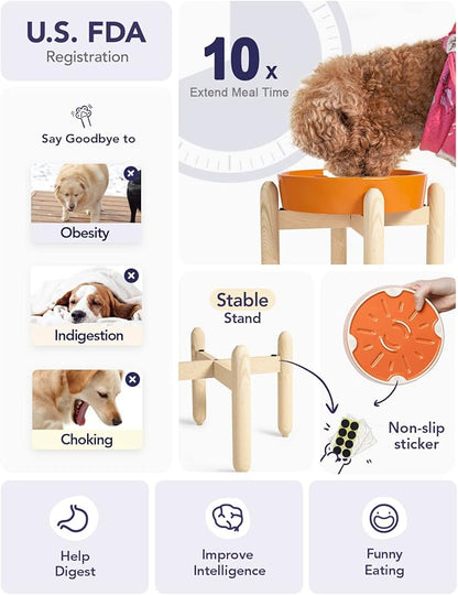 LE TAUCI Ceramic Slow Feed Dog Bowls with Wooden Stand, Anti-Gulping, Non-Slip, Easy to Clean, Dishwasher Safe, 8 Inch