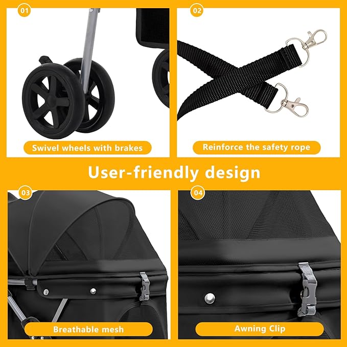 Pet Stroller for Small/Medium Dogs and Cats, Foldable 3 Wheel Jogger with One-Click Fold, Breathable Mesh, Storage Basket, Cup Holder, Weather Cover, Black (Black)