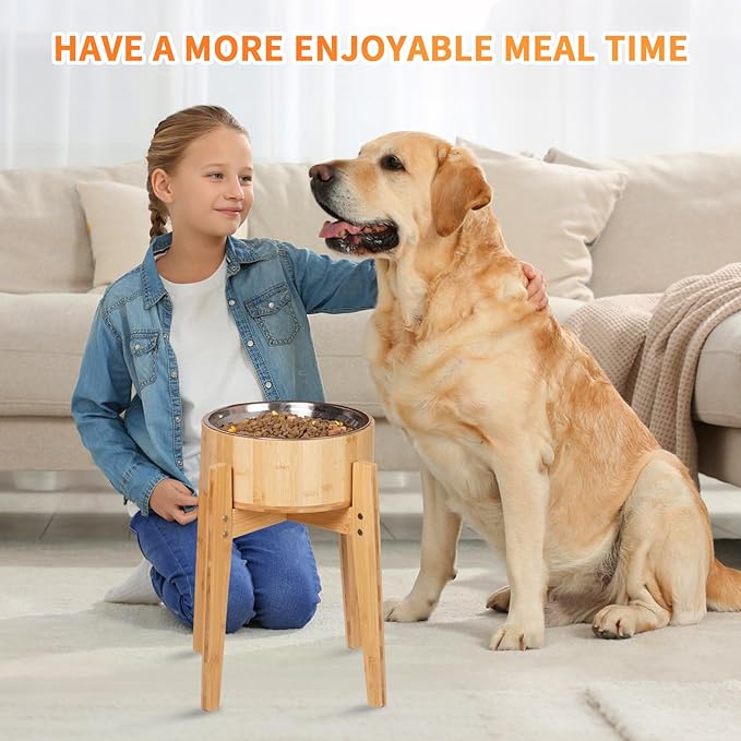 Elevated Dog Bowls for Large Dogs Feeder Two Bowls with a Stainless Steel and Bamboo Dishes，Raised Dog Bowl Stand with Non-Slip Feet，Ideal for Medium and Large Breeds， (13.5-inch High)