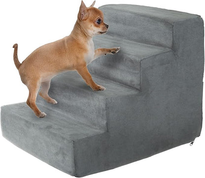 Dog Stairs for Small Dogs - 4-Step Dog Steps for High Bed and Couch - Pet Stairs with Nonslip Bottom, High-Density Foam, and Removable Washable Cover - Cat and Dog Furniture by PETMAKER (Gray)