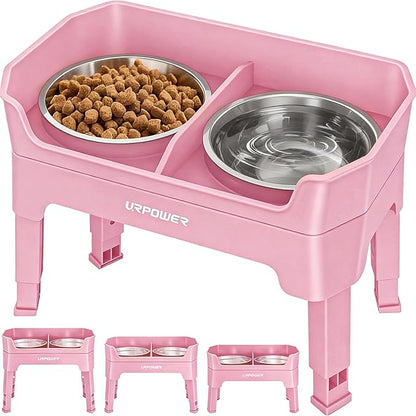 URPOWER 3-in-1 Elevated Dog Bowls - Mess Proof Double Deck 4 Height Adjustable Raised Stand with 2 Stainless Steel Food Bowls & Licking Plate for Small, Medium & Large Dogs