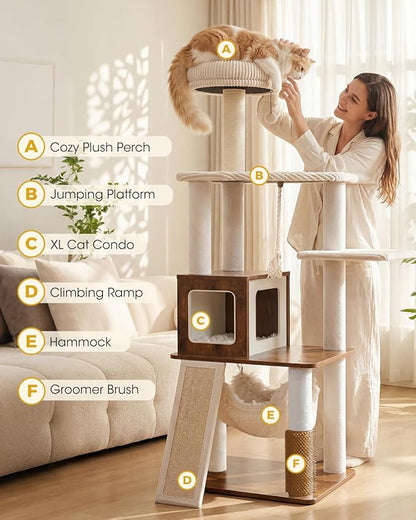 61" Modern Cat Tree Tower for Indoor Cats, Luxury Climbing Tower with Plush Lounge, Kitty Condos, Hammock & Scratching Posts, Classic cat Furniture (Rustin Brown)