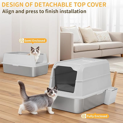 Stainless Steel Litter Box - XL Extra Large Cat Litter Box with Lid, Enclosed Metal Litter Pan with High Sided Enclosure & Scoop, Anti Leakage, Easy to Clean, Odor Control (White)