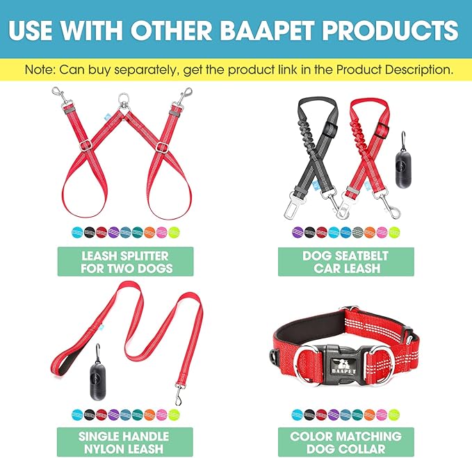 BAAPET Two Handle Dog Leash, Dual Soft Padded Handles with Traffic Control Handle Leash for Small Medium or Large Dogs (1.0'' x 5 FT, Red)