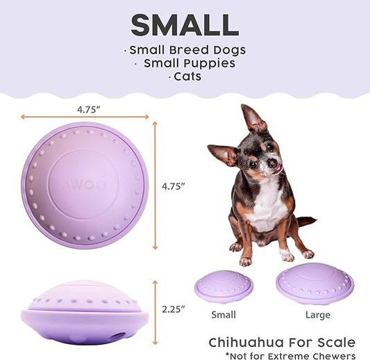Awoo Flying Saucer Toy - 3-in-1 Silicone Dog Treat Puzzle, Lick Mat and Slow Feeder - for Wet and Dry Food - Dishwasher Safe Pet Toy - Enrichment Game for Dogs up to 30 lbs - Small (Lavender)