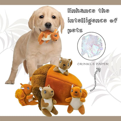 Hide and Seek Dog Toys Squeaky Sitting Squirrels Plush Toy with Crinkle Nut, Interactive Dog Toy to Keep Them Busy Pet Teeth Clean Chew Toys for Small & Medium Dogs