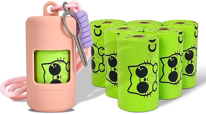 Dog Poop Bags with Dispenser & Holder, Guaranteed Leak Proof, Unscented Extra Thick Heavy Duty Tear-resistant 18-Micron Waste Bag Refill Rolls (Pink (105-Bags, 1-Dispenser))