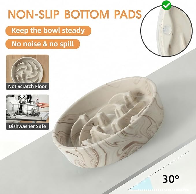 Stoneware Slow Feeder Dog Bowls Large Breed, 2 Cups Slow Eating Dog Bowl with Marble Pattern Design, Weighted Anti Gulping Food Bowl, Non Slip Puzzle Maze Pet Dishes for Fast Eaters, 8.3 inch
