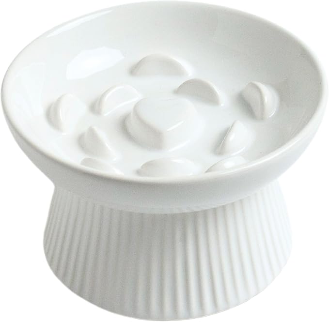 Ceramic Slow Feeder Cat Bowl, Raised Puzzle Feeder, Anti Vomiting Cat Slow Feeder, Elevated Food Bowl, Whisker Friendly Cat Bowl (White)