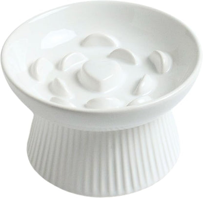 Ceramic Slow Feeder Cat Bowl, Raised Puzzle Feeder, Anti Vomiting Cat Slow Feeder, Elevated Food Bowl, Whisker Friendly Cat Bowl (White)