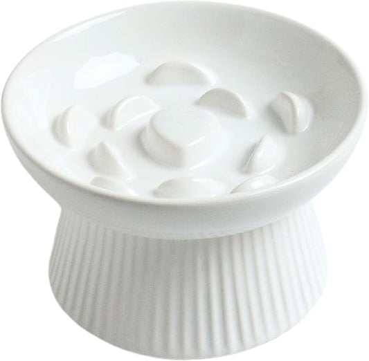 Ceramic Slow Feeder Cat Bowl, Raised Puzzle Feeder, Anti Vomiting Cat Slow Feeder, Elevated Food Bowl, Whisker Friendly Cat Bowl (White)