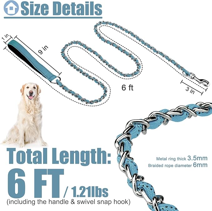 HOMIMP Chew Proof Dog Leash for Medium Large Dogs, Reflective 6 FT Heavy Duty Metal Chain Dog Leashes with Soft Padded Handle, Anti Bite Durable Rope Leashes for Pitbull, Non Chewable, Light Blue