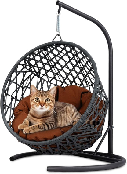 Cat Swing Bed with Stand & Cushion Indoor Outdoor, Cat Egg Chair with Rattan Wicker Appearance, Indoor Hanging Swinging Hammocks Cats Bed for Cat, Dogs, and Small Animals (Brown)