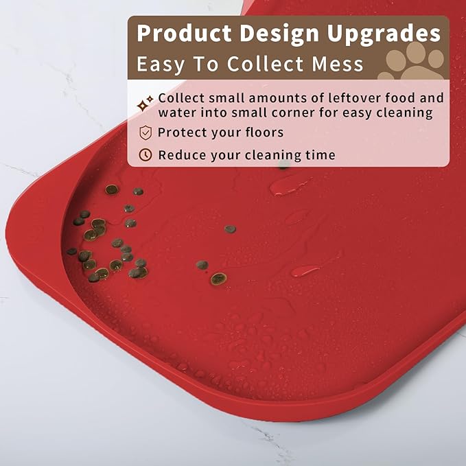 Silicone Pet Food Mat with Raised Edge for Food and Water Bowl, Dog Feeding Mats, Cat Food Trays for Floor Waterproof, Rubber Tray for Dogs and Cats, 22 x 14 x 0.8 Red