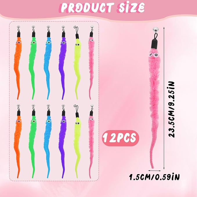 Vin Beauty 12 Pcs Cat Worm Toy Refills Cat Toys Wand Replacement Cat Wand Refills Worm Teaser with Bells Cat Wand Attachments Worm Toy Cat Accessories for Bored Indoor Cats Kitten