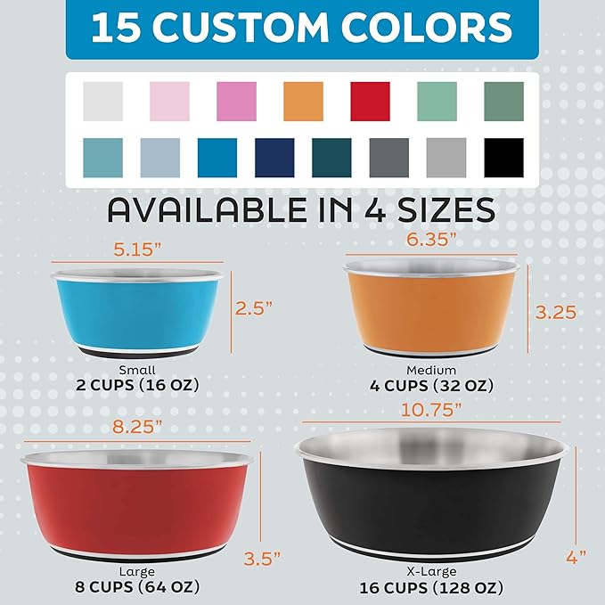 Master Pet Supply Stainless Steel Dog Bowls Set of 2 (32 Oz Each) with Non-Slip Rubber Base - Stainless Steel - Basic Dog Food Bowl Water & Food Bowls for Small Medium Large Dogs & Cats, Metal Dish