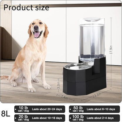Sfozstra Raised Pet Water Dispenser: 8L Black Automatic Stainless Steel Gravity Cat Feeder for Elderly Pet Dogs Indoor Outdoor