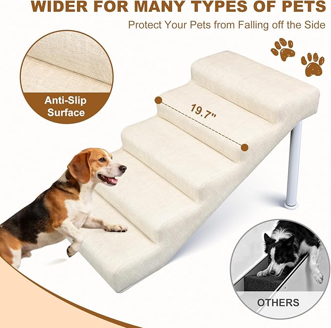 Adjustable Dog Stairs & Ramp for Cats and Dogs, 5-Step Pet Stairs for High Beds and Couch, 18.5"–23.6" Height, Linen Faux Leather, Waterproof, Scratch-Resistant, Non-Slip Indoor Pet Ramp