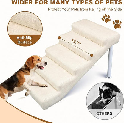 Adjustable Dog Stairs & Ramp for Cats and Dogs, 5-Step Pet Stairs for High Beds and Couch, 18.5"–23.6" Height, Linen Faux Leather, Waterproof, Scratch-Resistant, Non-Slip Indoor Pet Ramp