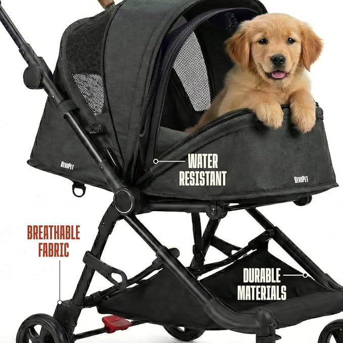 Pet Stroller for Small & Medium Dogs & Cats Lightweight Foldable Travel Stroller with Smooth 4-Wheel Ride, Breathable Mesh, Storage Basket & Aluminum Frame Comfortable & Easy to Maneuver