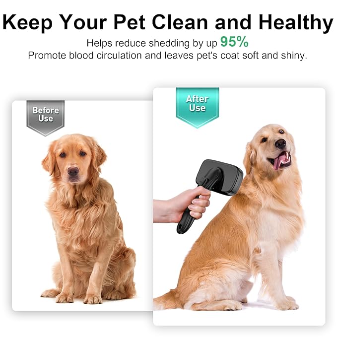 Self Cleaning Slicker Brush for Dog, Cat, Skin Friendly Shedding & Grooming Tool for Long and Short Haired Pets, Easy Clean Retractable Bristles, Black
