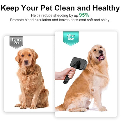 Self Cleaning Slicker Brush for Dog, Cat, Skin Friendly Shedding & Grooming Tool for Long and Short Haired Pets, Easy Clean Retractable Bristles, Black