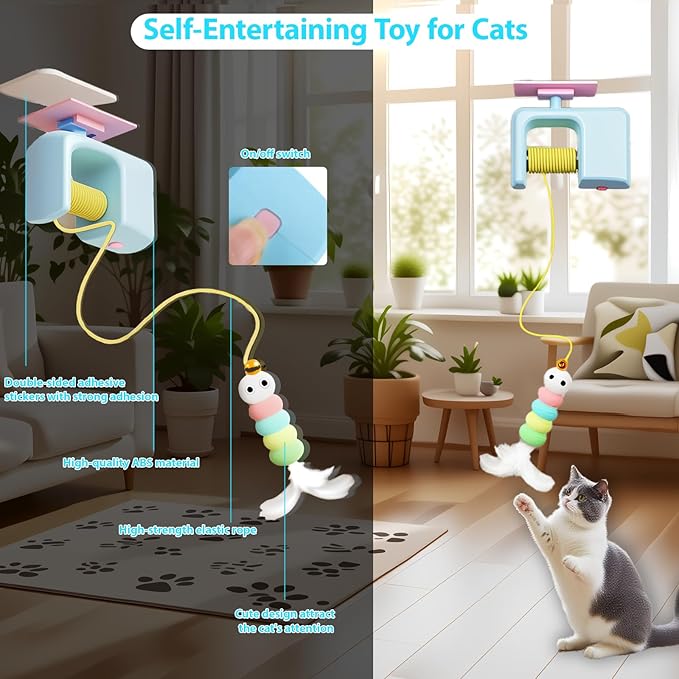 Interactive Cat Toy for Indoor Cats Adult Kitten, Automatic Door Hanging Cat Toy with Feathers and Bells for Door Frame Wall Ceiling, Self Play Retractable Cat Enrichment Toy for Bored Cats