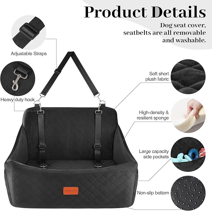 Wooaidagg Dog Car Seat for Medium & Large Dogs Up to 55lbs, Memory Foam Cushion, Washable Cover, Safety Straps & Non-Slip Bottom(Black,Large)