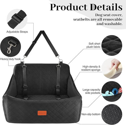 Wooaidagg Dog Car Seat for Medium & Large Dogs Up to 55lbs, Memory Foam Cushion, Washable Cover, Safety Straps & Non-Slip Bottom(Black,Large)
