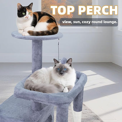 TWDEPART 37.5" All-in-One Cat Tree Tower with Scratching Board & Posts Cozy Sleeping Perch Hammock and Toy Balls,Grey