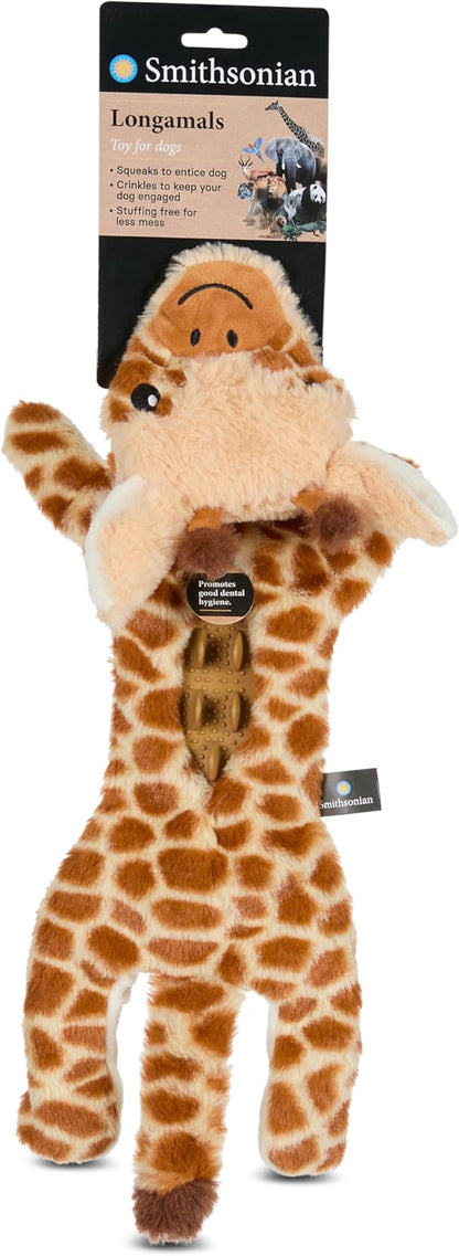 Smithsonian Longamals Giraffe Plush Dog Toy – 20" Crinkle & Squeaky, Stuffing-Free Interactive Tug Toy for Medium & Large Dogs