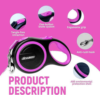 16 FT Retractable Dog Leash with No Tangle for Dog up to 44lbs, One-Handed Brake, with Non-Slip Handle, Strong Nylon Tape for Small and Medium Dogs