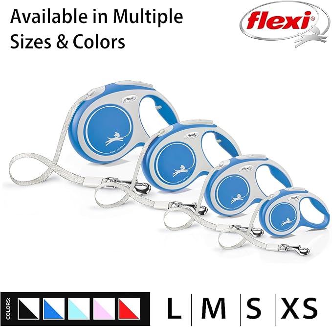 FLEXI New Comfort Tape Retractable Dog Leashes for Medium Dogs Upto 55 lbs. – 16 ft., Blue | Tangle Free Pet Walking Leash with One-Handed Brake, Pause, Lock|German Quality Product