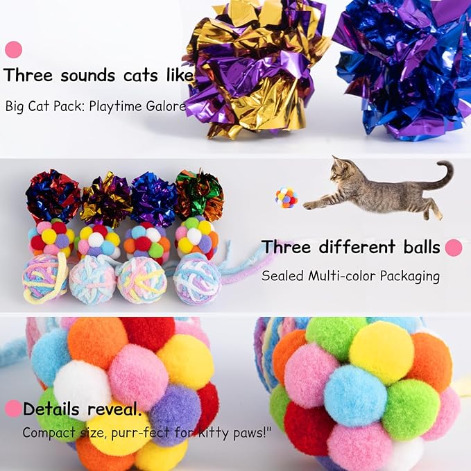 12 Pack 1.7 Inch Cat Toy Balls, Assorted Wool Yarn, Bell & Crinkle Balls for Indoor Cats & Kittens, Interactive Colorful Set
