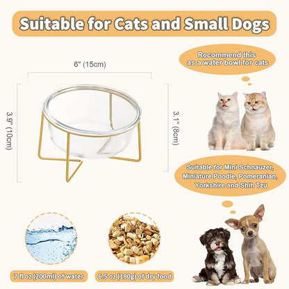 Small Glass Tilted Elevated Cat Dog Bowl Raised Cat Food Water Bowl Dish Pet Comfort Feeding Bowls with Gold Iron Stand