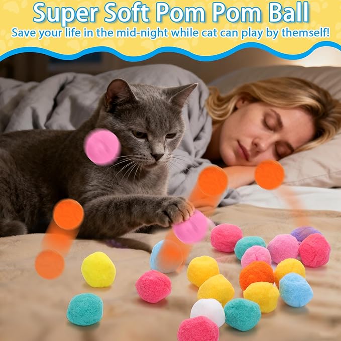 Mity rain 102PCS Cat Ball Launchers & Pom Pom Balls Interactive Cat Toy Set – Safe Soft Plush Kitten Toys for Indoor Cats, Fun Kitten Toys for Endless Active Play (Christmas)