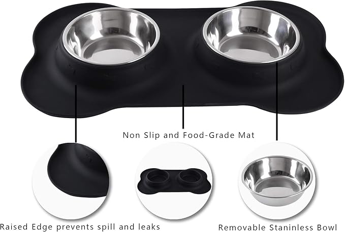 Hubulk Pet Dog Bowls 2 Stainless Steel Dog Bowl with No Spill Non-Skid Silicone Mat + Pet Food Scoop Water and Food Feeder Bowls for Feeding Small Medium Large Dogs Cats Puppies (Extra Large, Black)