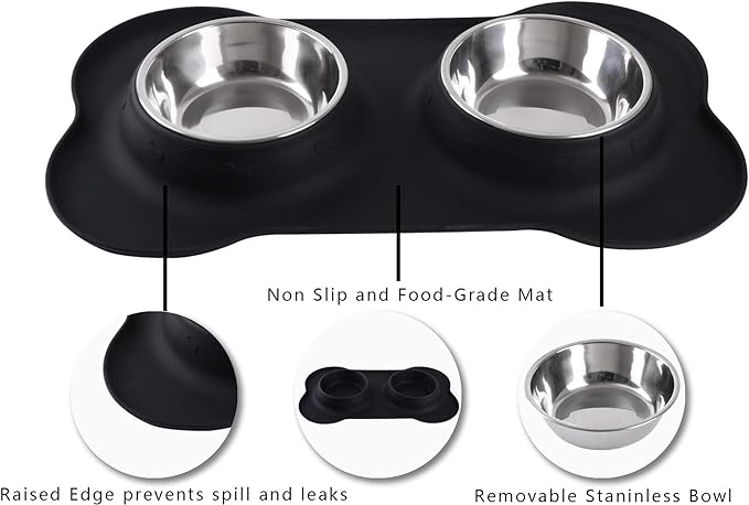 Hubulk Pet Dog Bowls 2 Stainless Steel Dog Bowl with No Spill Non-Skid Silicone Mat + Pet Food Scoop Water and Food Feeder Bowls for Feeding Small Medium Large Dogs Cats Puppies (Large, Black)